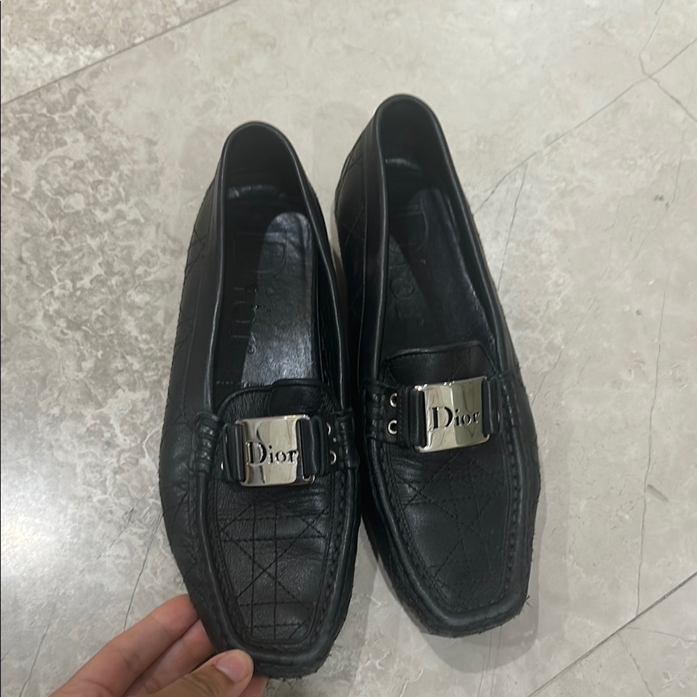 Dior Black Leather Slip-On Loafers with Metal Detail